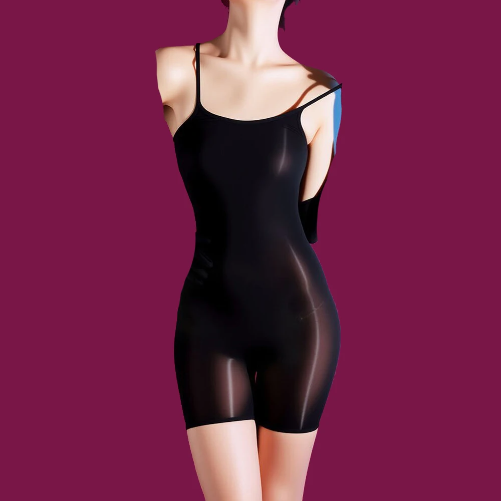 

Women 5D Thin Bodysuit 912 Pin Vest Top Oil Shiny Open Crotch Elastic Tight Yoga Shaping One Pieces Thong Maid Leotard