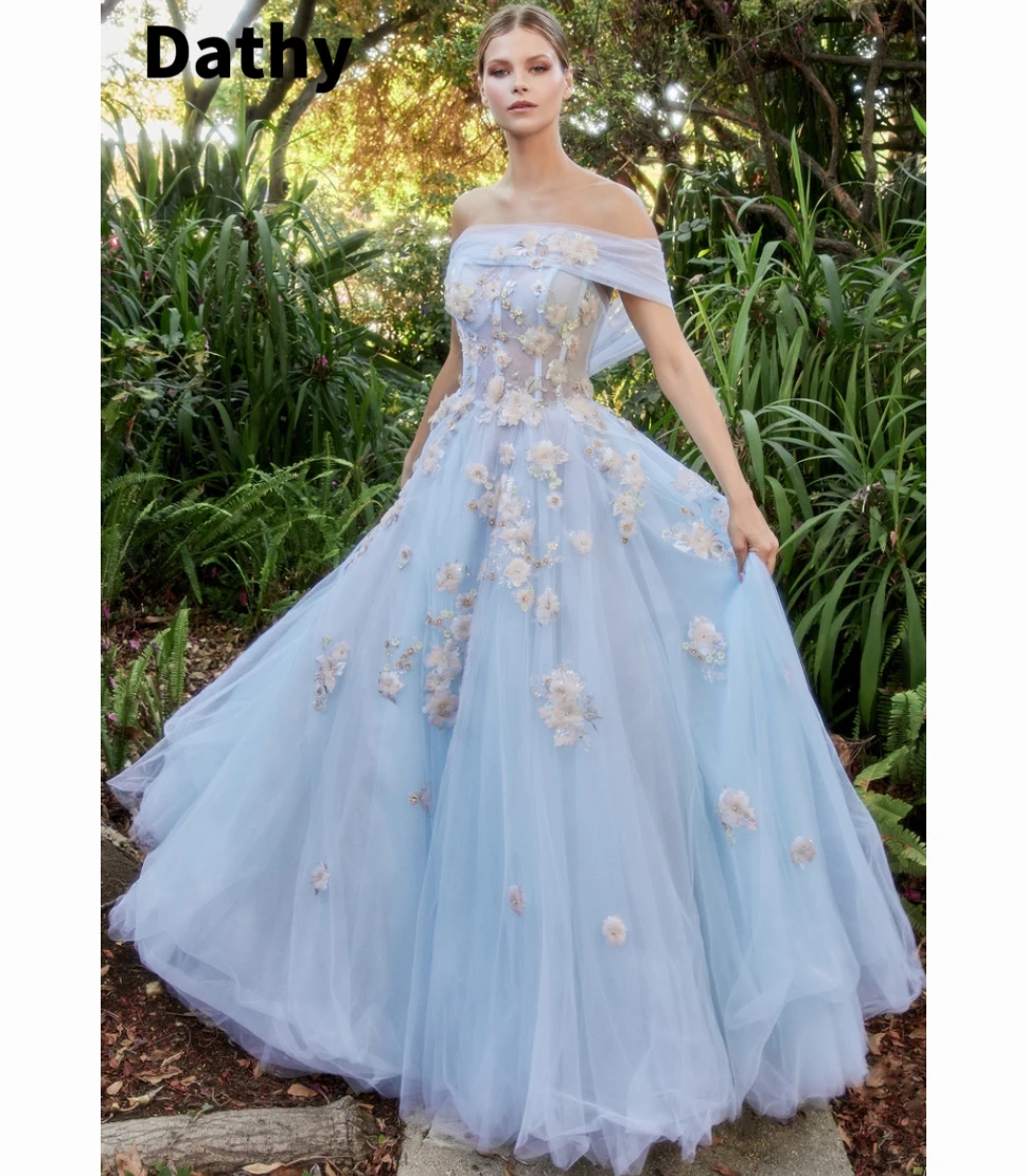 Dathy Blue Tulle Off The Shoulder Dress 3D Appliqué Sweetheart Party High Waist Puffy Skirt Evening Dressفستان سهرة نسائي