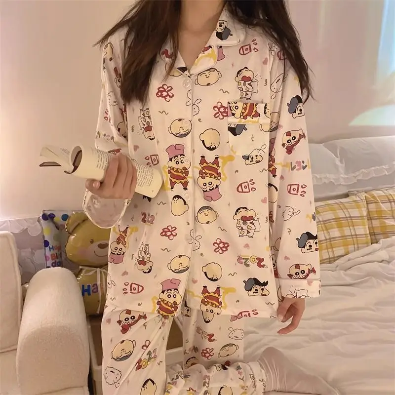 

Cute Crayon Shin-chan Anime Ladies Pajamas Lapel Cardigan Long Sleeve Pants Spring Autumn Loose Casual Comfortable Homewear Set