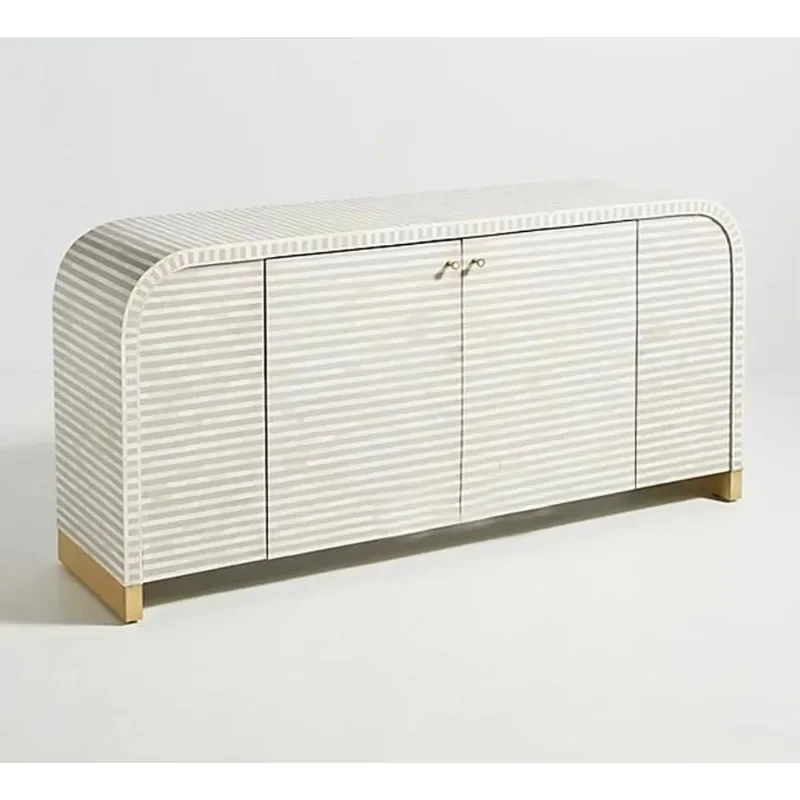 Bone inlaid waterfall solid wood sideboard, gray striped pattern home furniture, bone inlaid chest drawer cabinet