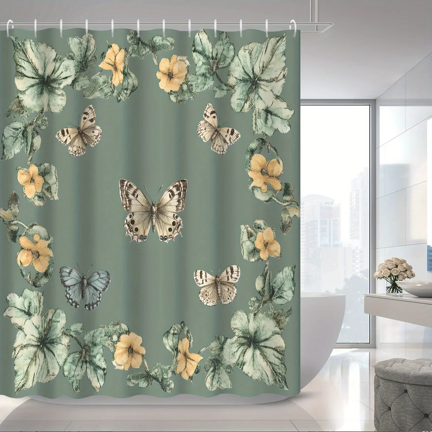 1pc Bohemian Vintage Tropical Leaf & Butterfly Shower Curtain - Durable Polyester Fabric, Machine Washable with Hooks Included,V