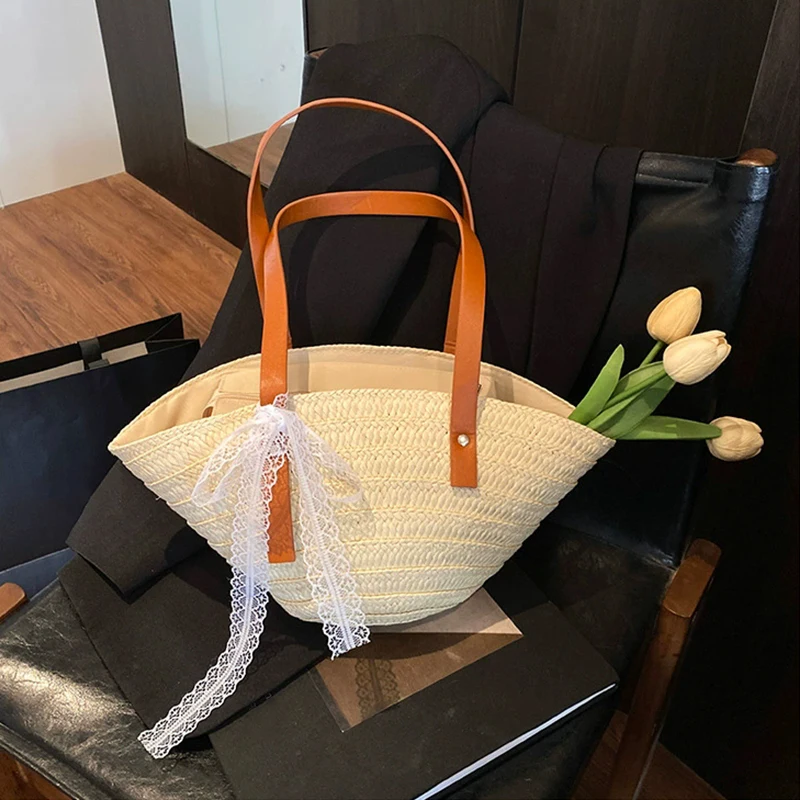 Bohemian Weave Tragetasche mit großem Fassungsvermögen, Sommer-Strand-Strohband-Handtasche für Damen, Reise-Umhängetasche für Frauen