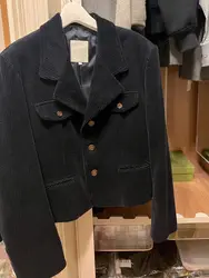 2026 Spring And Autumn New Black Corduroy Suit Jacket For Women, Short, Flip Collar Casual Top