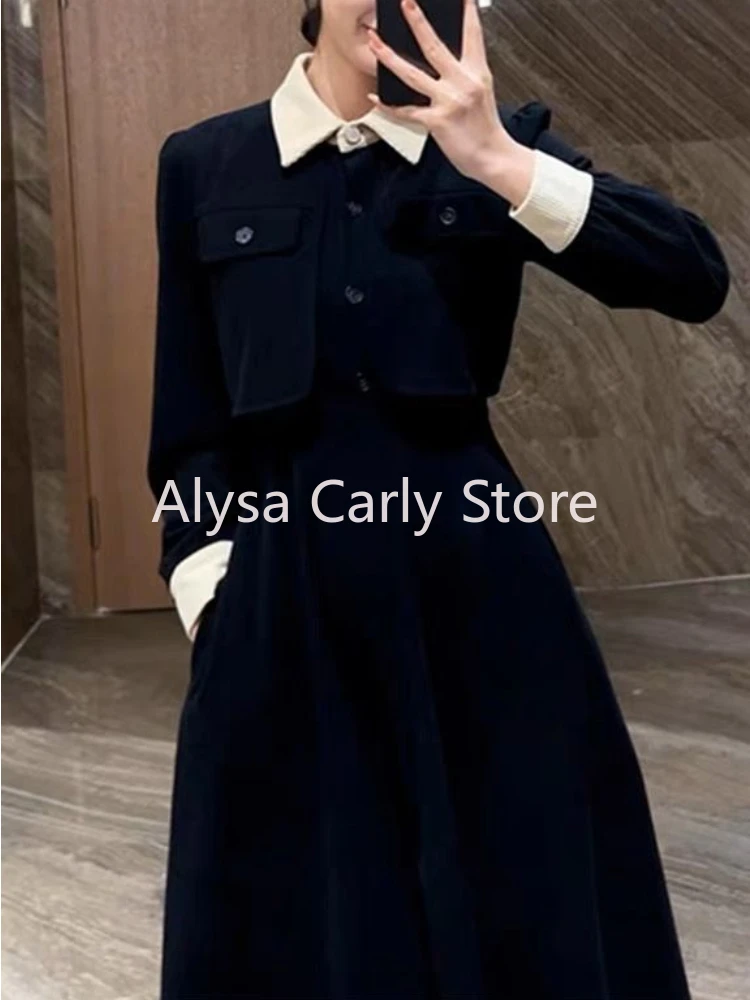 Winter Black Hepburn Midi Dress Women Elegant Slim Long Sleeve Button Dress French Casual Evening Party Vintage Chic Y2k Dress