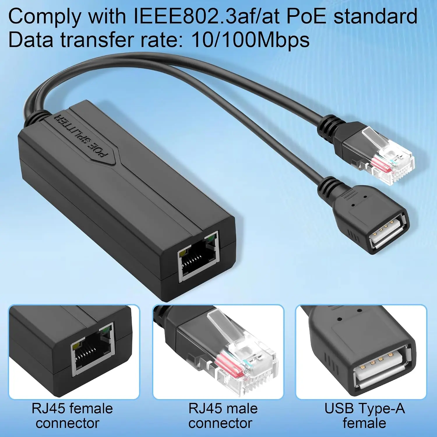 PoE Splitter 5V 2.4A USB Type C Female IEEE 802.3af/at Suitable for Security Network Cameras/VoIP Phones Power Over Ethernet view 5