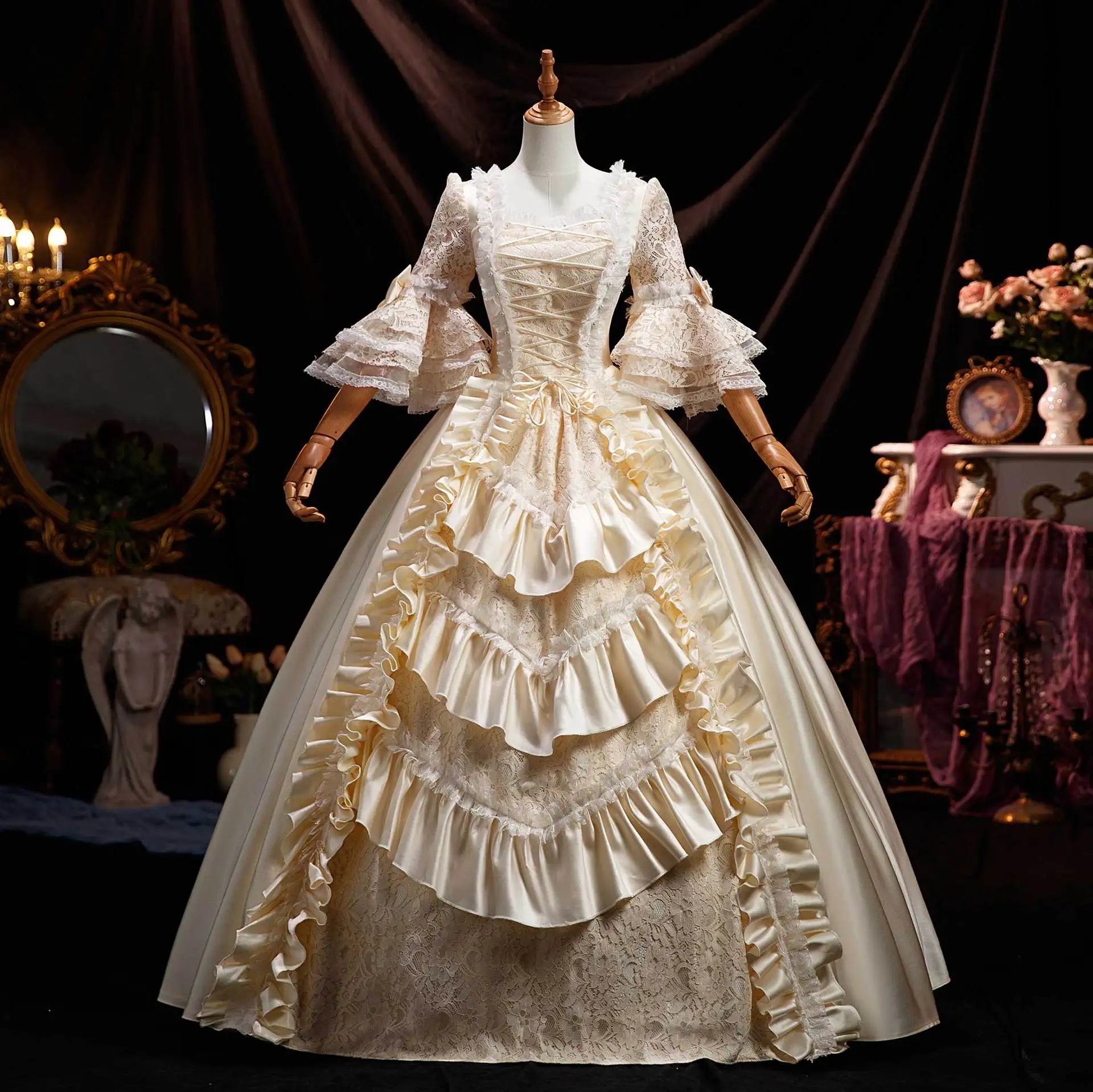 

Champagne French Court Dress Annual Meeting Studio Walk Show Drama Stage Performance Dance Lace European Dress Wedding 이브닝 파티드레스