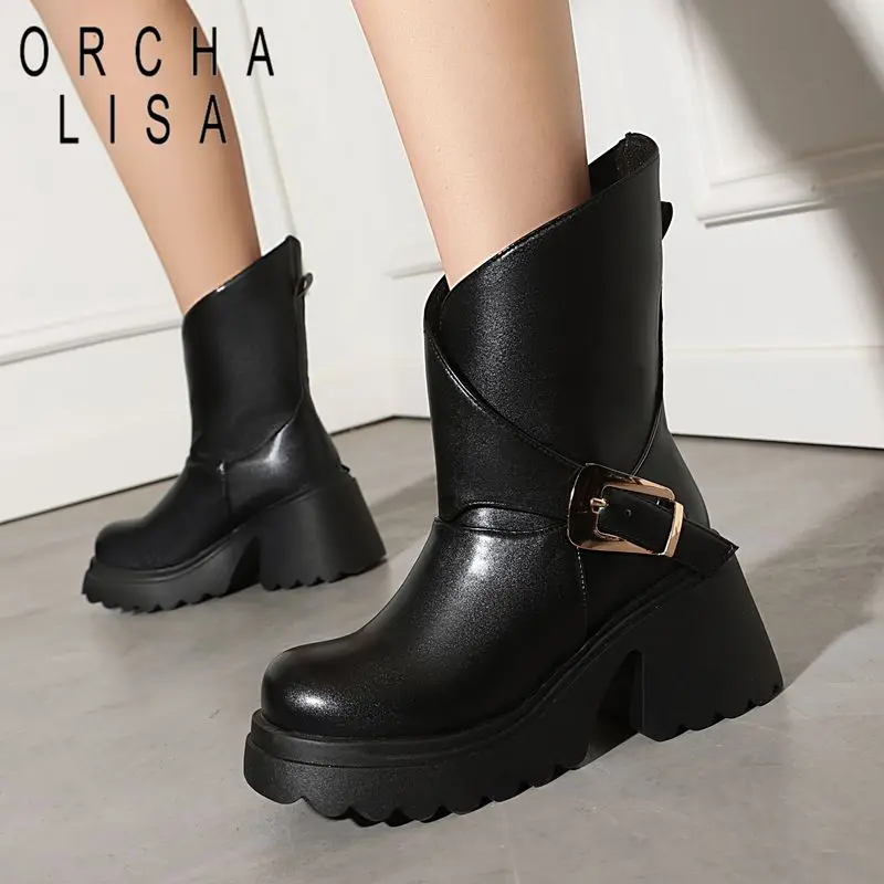 ORCHA LISA Beige Womens Half Lower Leg Shoes Booties Circular Toe 7.5cm Sturdy Heel 3.5cm Elevated Sole Plus Size 42 43 44 45