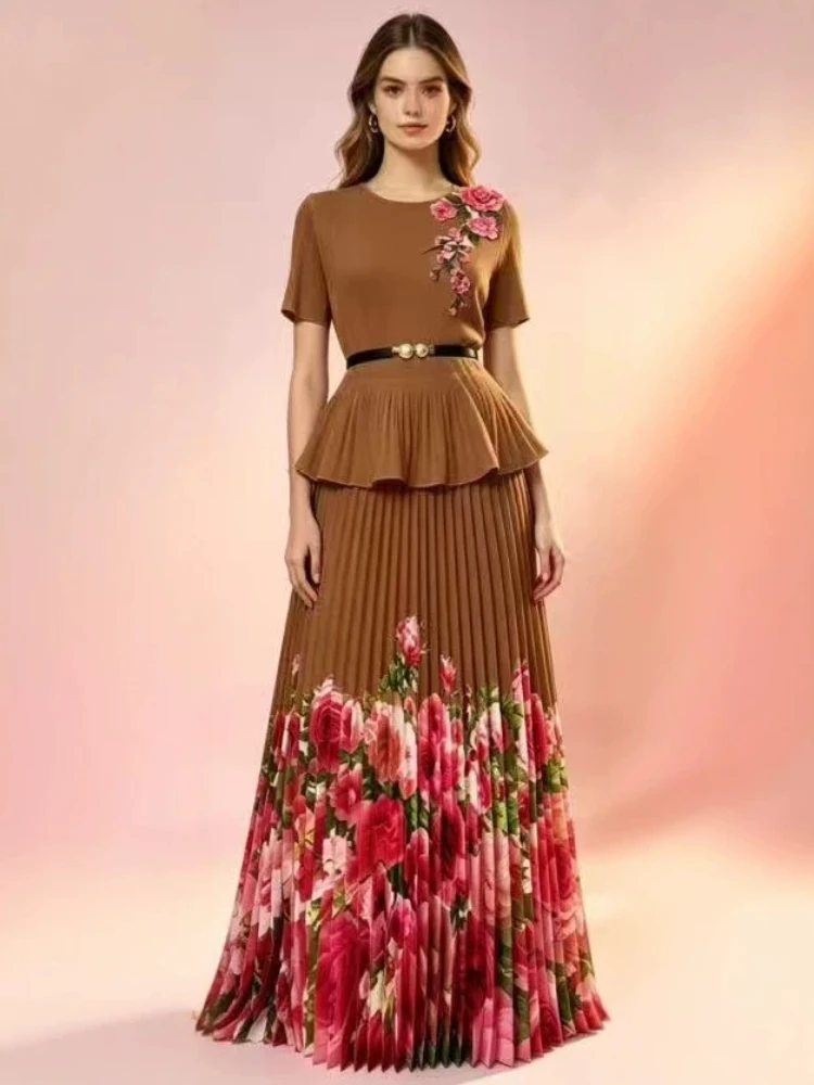 EGRM Pleated Print Women's Two Pieces Set Fashion short sleeve Belt slimming Top And Elastic High Waist Skirt Sets 2026 New 7G11 view 4