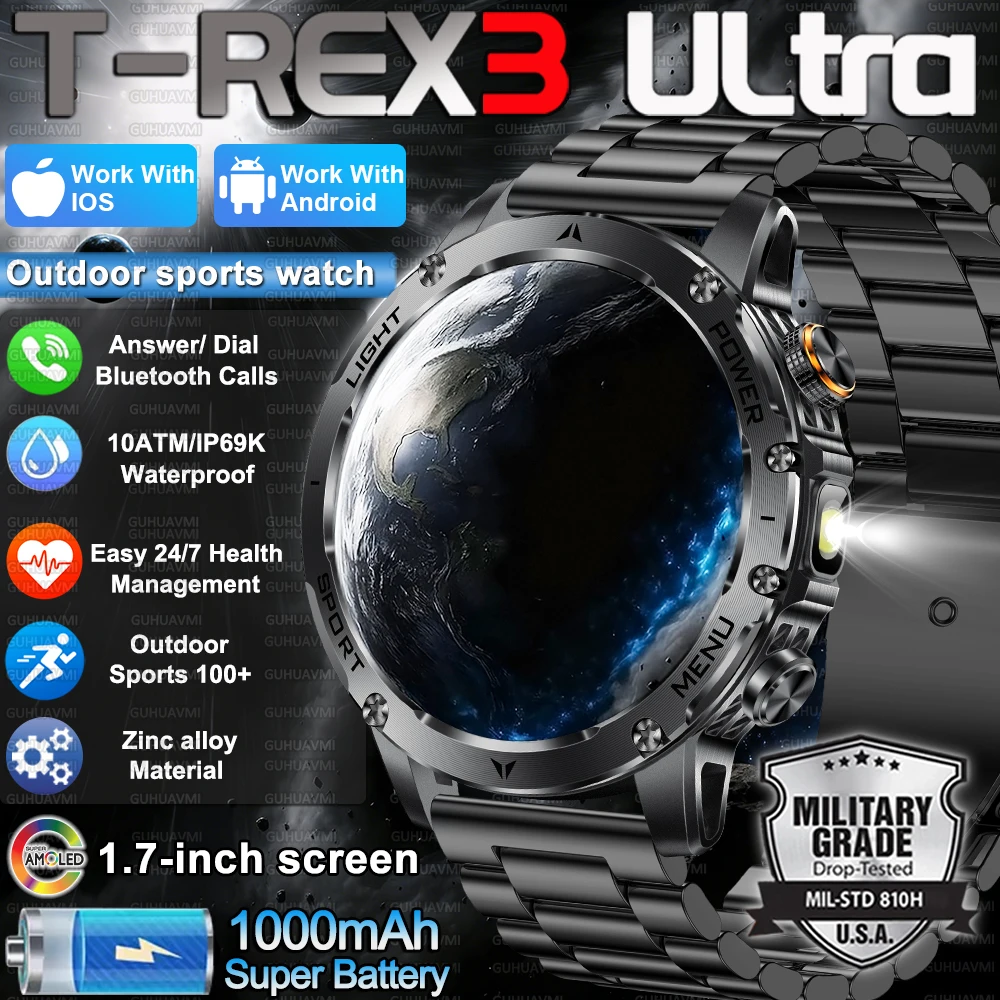 New Military T-Rex 3 Ultra 1.7 inches 1000mAh Battery SmartWatch 10ATM Waterproof Flashlight Heart Rate Sports tracker watch Men
