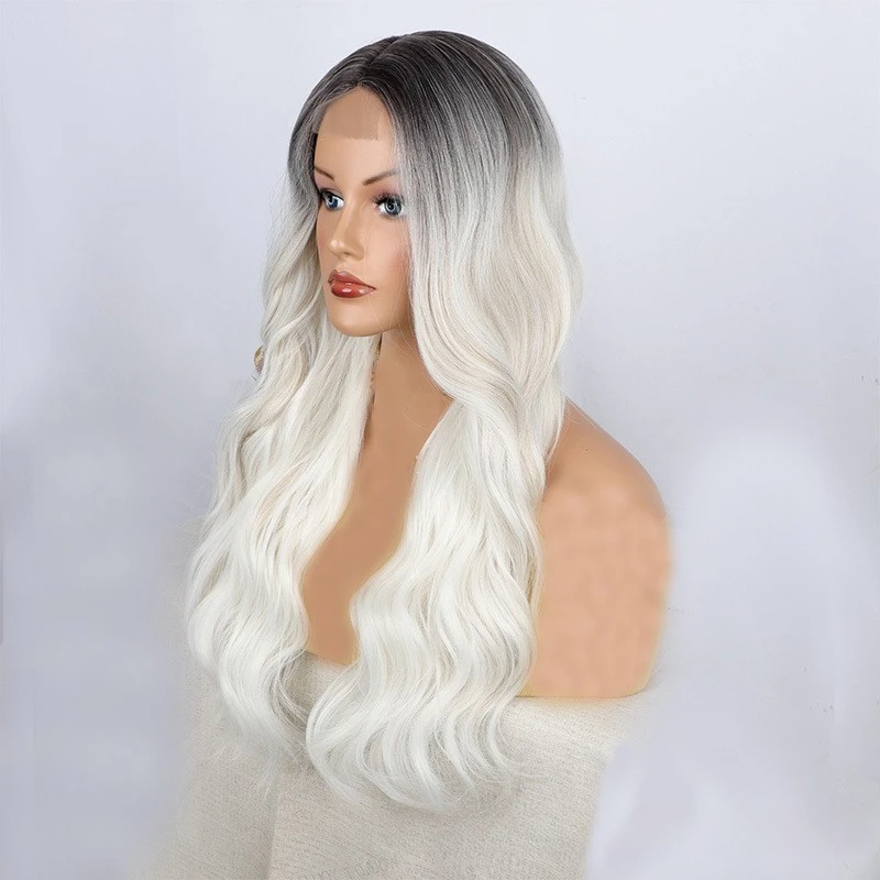 Perruque Lace Front Wig longue bouclée, perruque en fibre synthétique avec bandeau nickel é