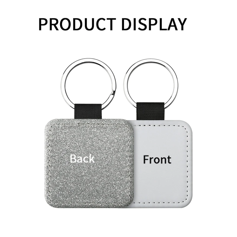 20 Pack Glitter PU Leather Keychain Heat Transfer Keyring Sublimation Blank Square Silver