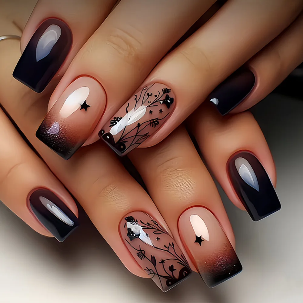 أظافر صناعية قصيرة متوسطة الحجم أرجواني أزرق أحمر بني زهور سوداء فراشة خريف شتاء مربعة أطراف أظافر باليه اضغط على أظافر صناعية #3