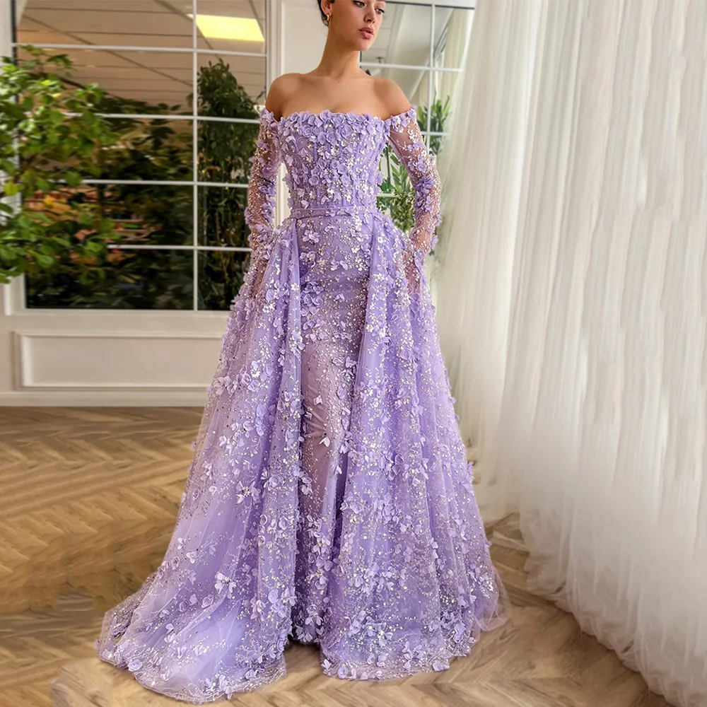 Lilac Evening Dress Customized Luxury Boat Neck Long Sleeves Beading Flower Lace Prom Gown with Deatachable Train Party Dress
