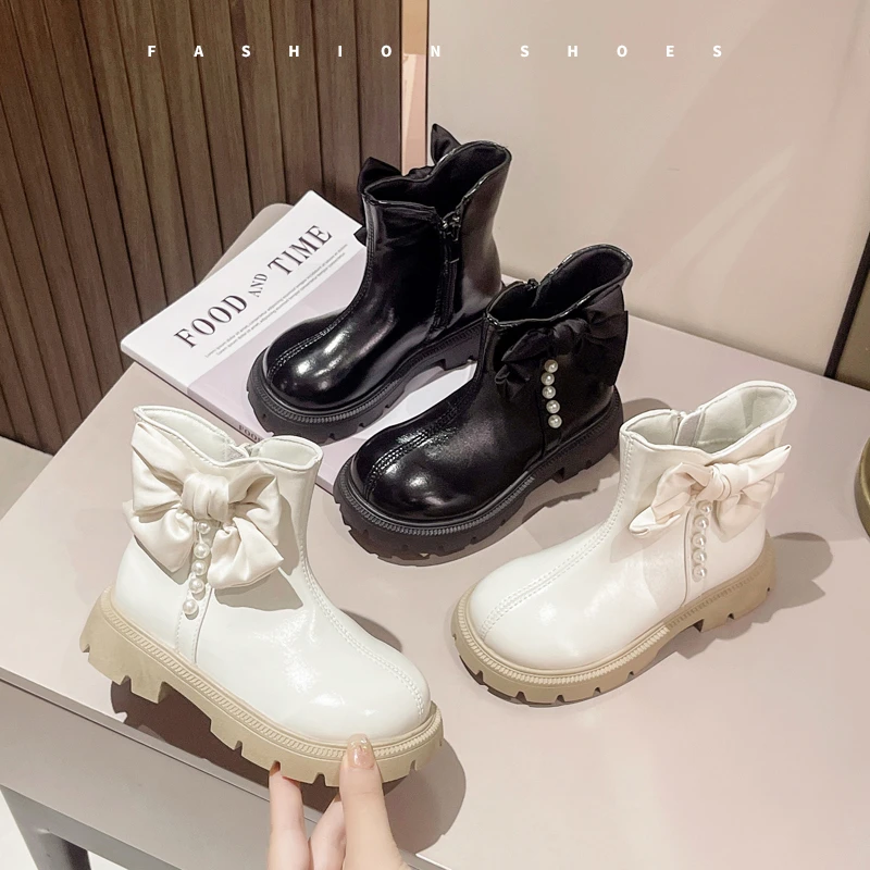

Girls Short Boots 3-18 Years Old Beige Bow Pearl Girls Single Shoes Four Seasons Soft Non-slip Children's Single Leather Boots
