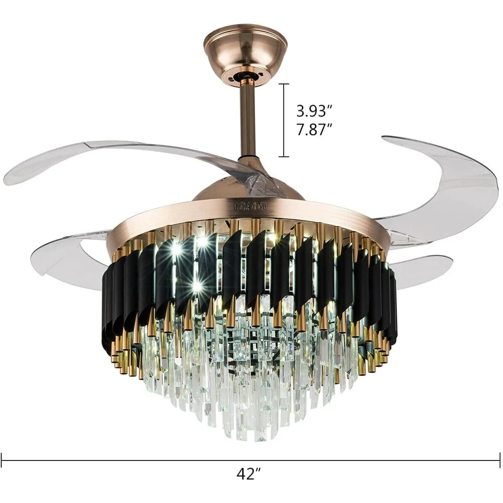 Crystal Ceiling Fan 3 Color Luxury Invisible Chandelier Fan with LED Light Retractable Blades for Living Room , Remote Control