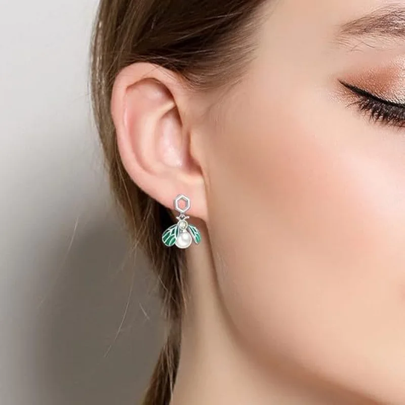 Small Fresh Insect Earrings Fashion Pearl Zircon Earrings Elegant Cute 925 Silver Green Wing Ear Jewelry For Women