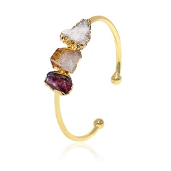 Irregular Amethyst Citrine Crystal Cluster Open Cuff Bracelet for Women Girls Gold Color Handmade Raw Stone Bangle