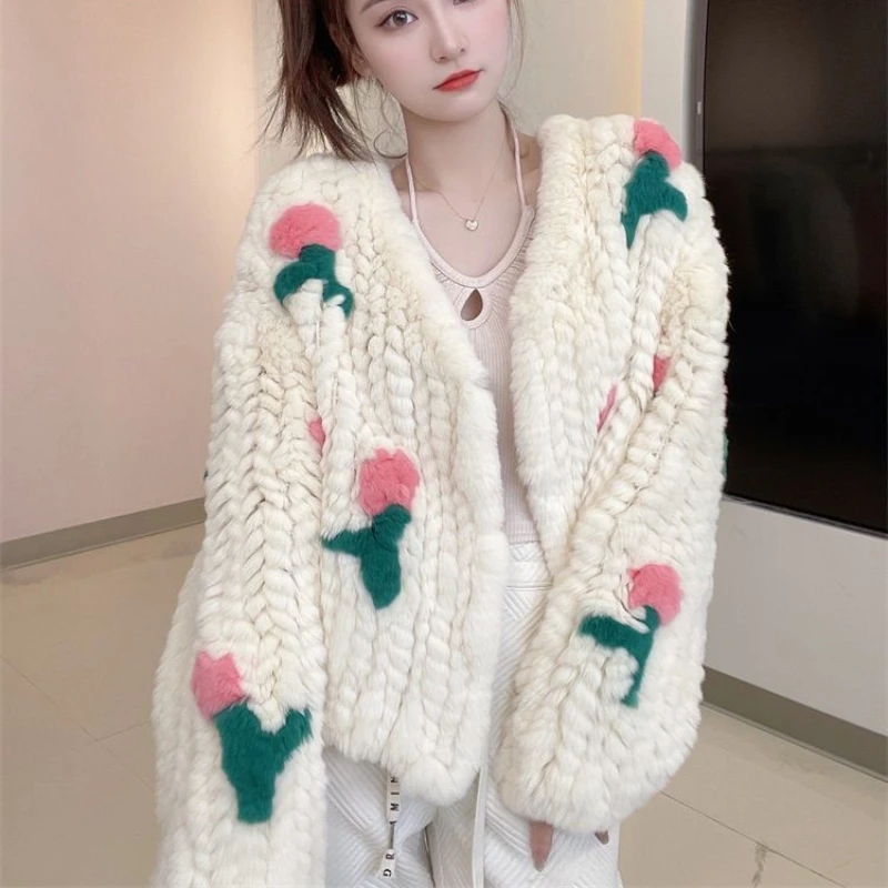 Mulheres 3D Flores Crocheted Faux Rex Coelho Fur Bomber Jacket Dupla face Tecido Mink Fur Coat Cardigan Manga Longa Parka Tops