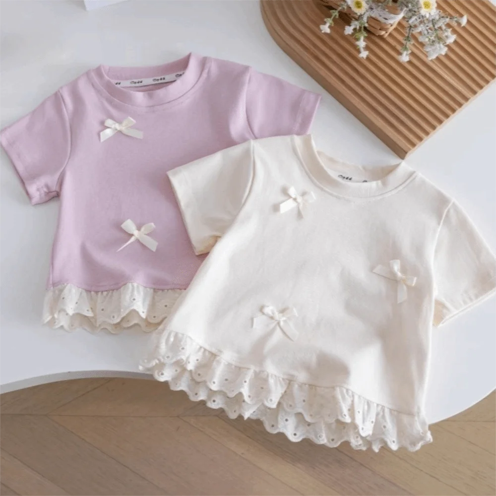 Fashion Lace Trim Girls Bow T-shirt Round Neck Sweet Children's Tops Short Sleeve Summer