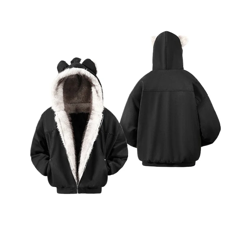 الأمريكية الرجعية المتخصصة تصميم بسيط الخريف والشتاء مقنعين القط الأذن زوجين القطن وسادة مبطنة للجنسين هود يحافظ على معطف دافئ #1