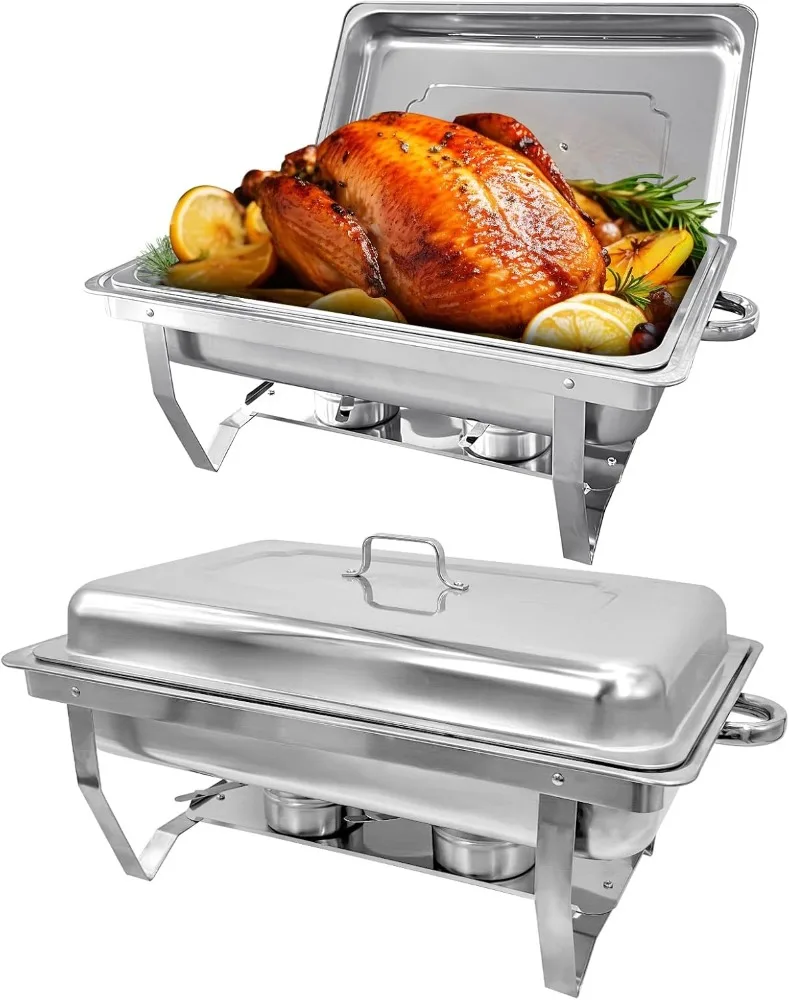 2 Pack Stainless Steel Chafing Dishes 8 Quart Full Size Chafing Dish Buffet Set Silver Rectangular Catering Chafer Warmer