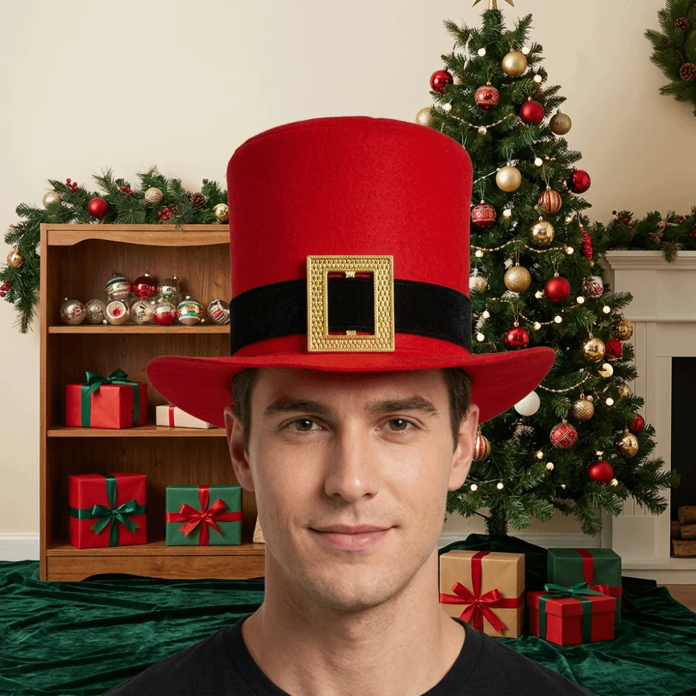 Simple Red Christmas Top Hat Gold Button Foldable Santa Claus Hat High Hat Black Belt Cowboy Hat Cosplay Accessories