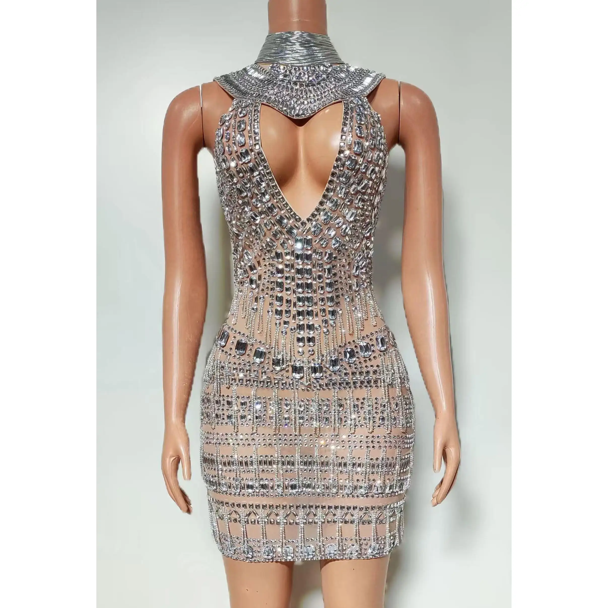 Sexy Holle Diamant Opknoping Hals Jurk Feestjurk Nachtclub Bar Dj Prestaties Podiumkostuums Vrouwen Gogo Festival Wear DN21305