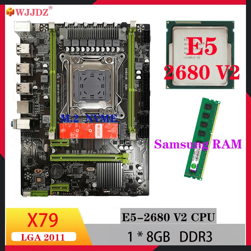 

Wjjdz Материнские платы x79 комплект xeon e5 2680 V2 материнская плата и процессор ram 2680V2 lga2011 1*8 ГБ ddr3 M.2 NVME для геймеров