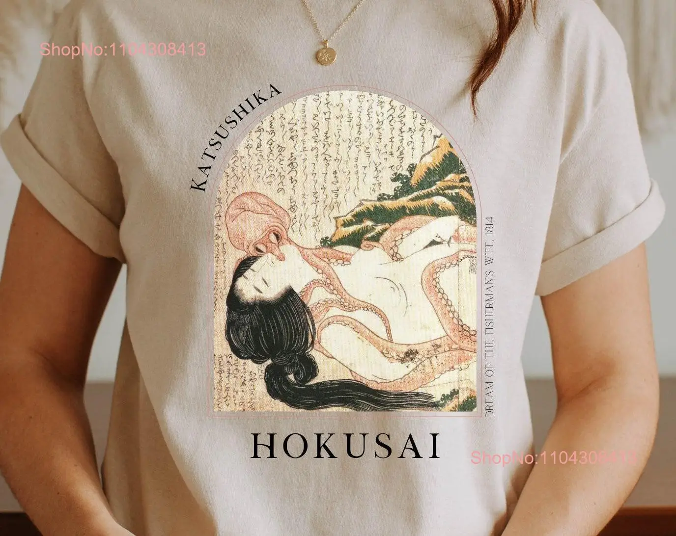 Hokusai Dream Fishermans esposa camiseta japonesa Ukiyo e Woodblock arte Japón Kanji caligrafía gran ola Kanagawa Shunga HKS 4 1