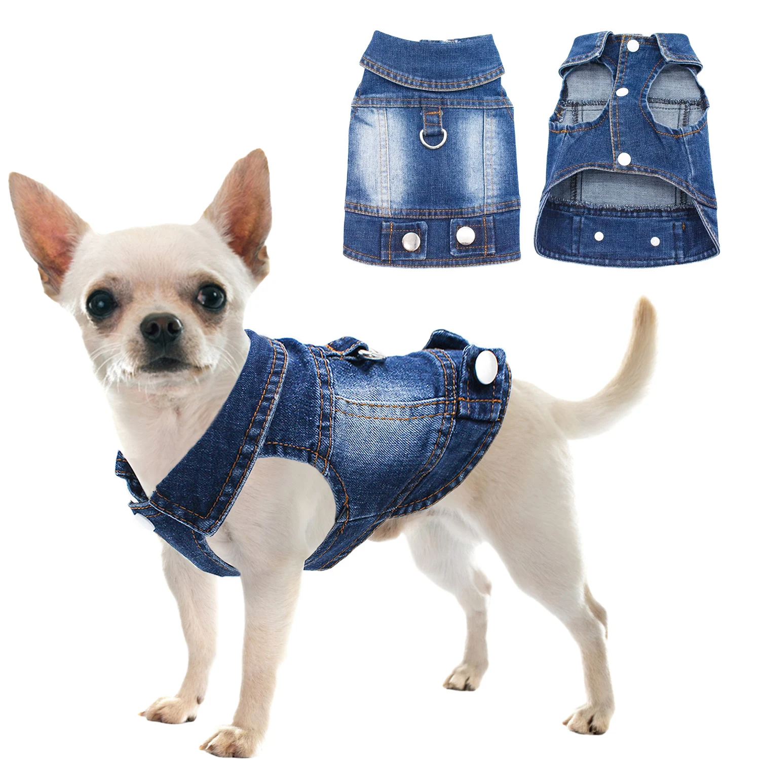 

Dog Jeans Jacket Cool Blue Denim Coat for Small Medium Girl Boy Dogs Puppy Clothes Comfort Harness Vest with D-Ring for Leash
