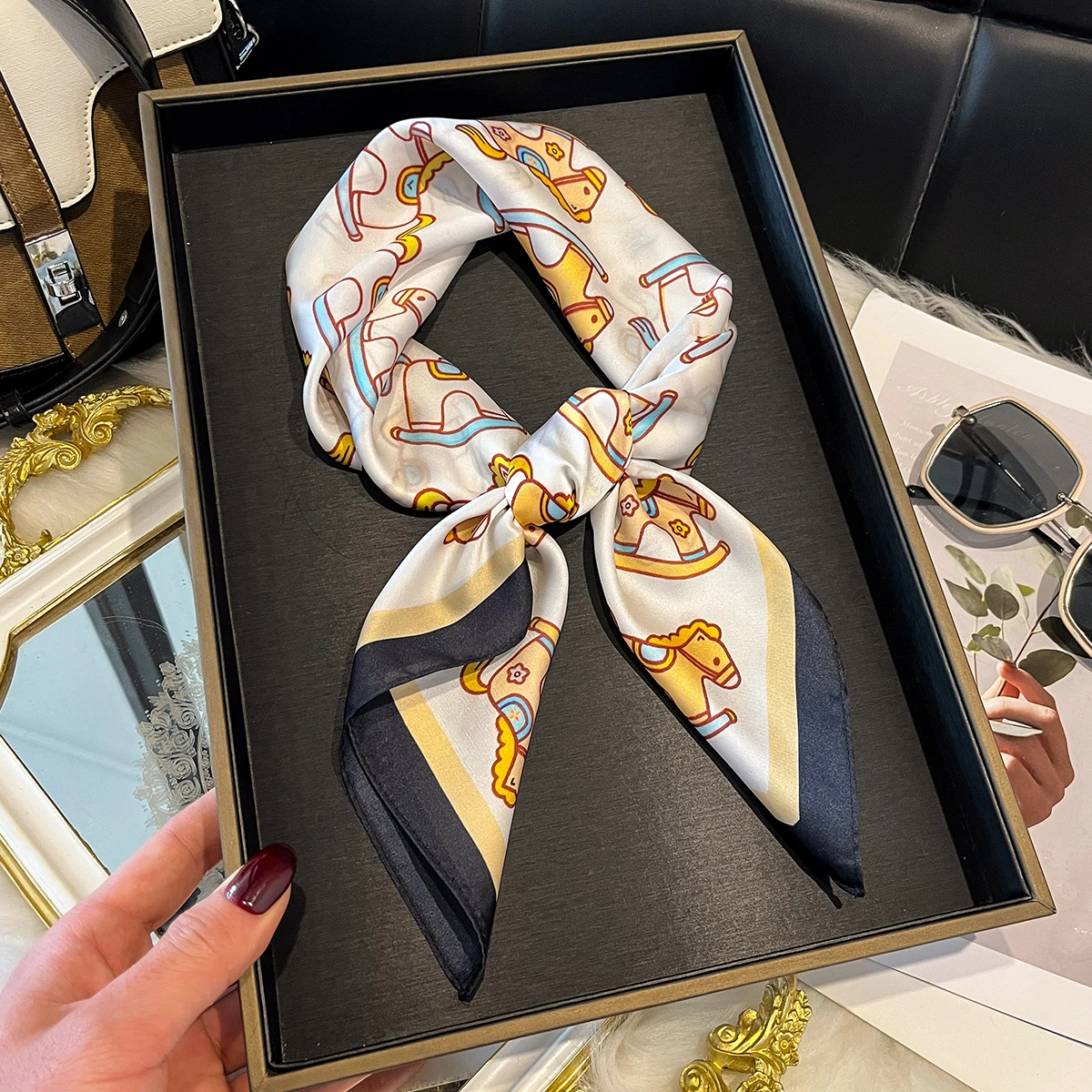Silk Imitation Scarf Women Cotton Print Square Hairbands Foulard Female Bandana Neck Kerchief Headbands 2026 Summer