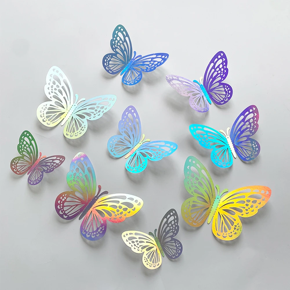 12Pcs Hollow 3D Butterfly Wall Stickers Color Changing Rainbow Butterfly Wall Decals For Home Bedroom Wedding Party DIY Decor