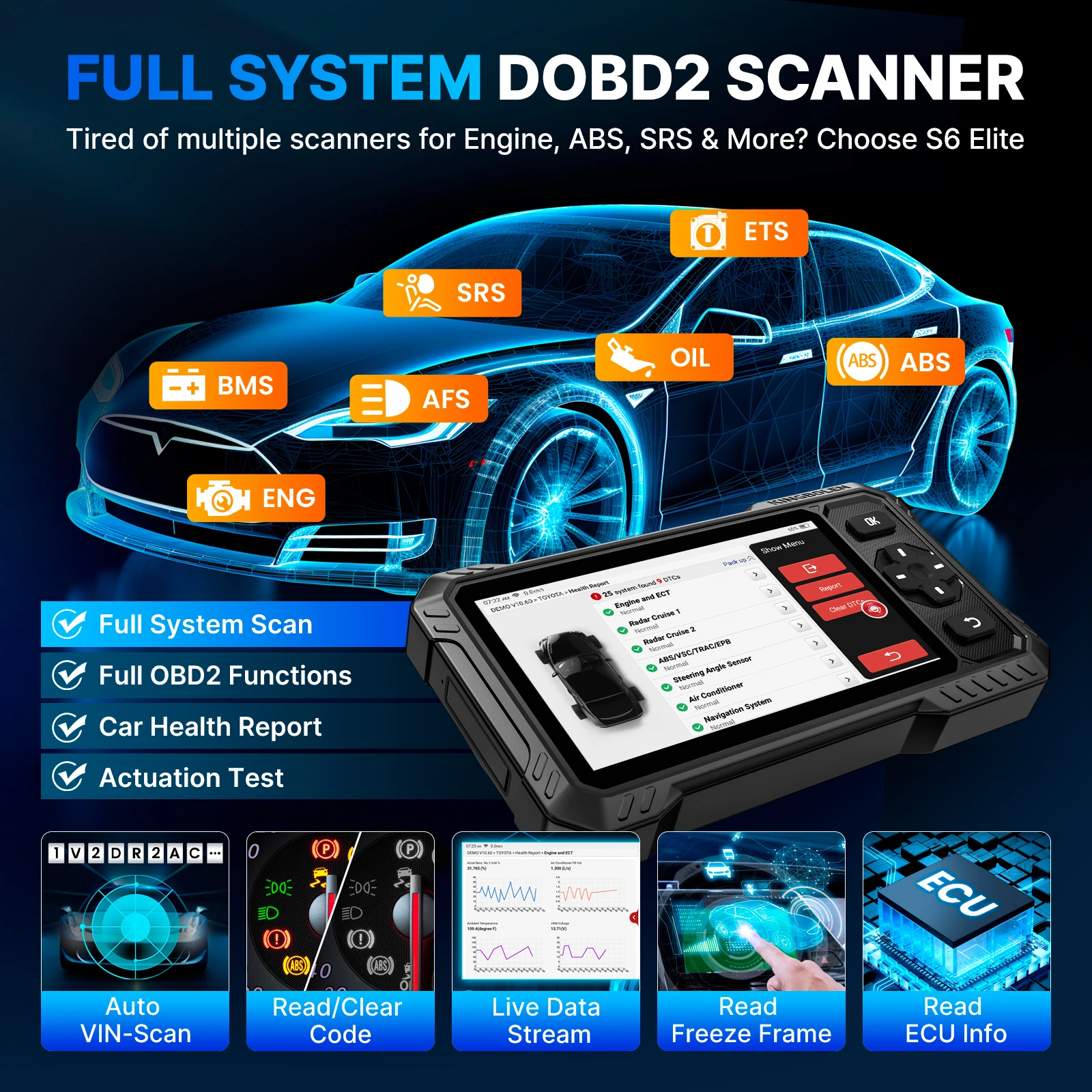 Kingbolen S608 / S6 Elite OBD2 Scanner Diagnostic Tool Bidirectional Scan Tool Full System 15+Reset CANFD Lifetime Free update