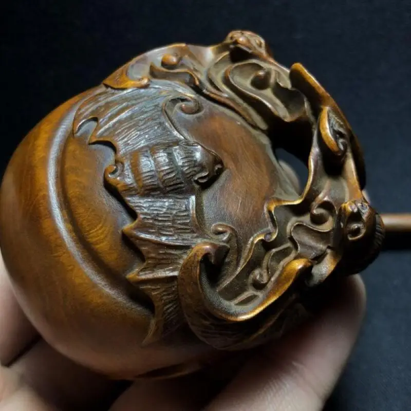Hand Carved Boxwood Wooden Fish with Bat Motif Handheld Gong Meditation Percussion Instrument Desktop Ornament