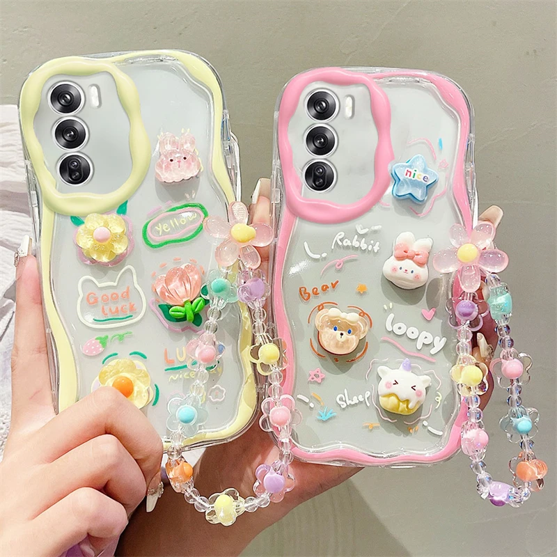 3D Cartoon Cute Bear Phone Case For Samsung Galaxy M54 M34 M14 M13 M12 M11 M04 M02S M01S M10S With Flower Wrist Chain Wave Cover