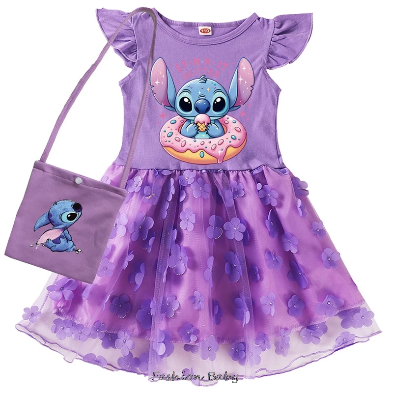 Hot Lovely Lilo And Stitch Girls Cotton Dress New Summer Dress Girl Baby Kidsren Short-sleeved Mesh Korean Style Princess Skirt