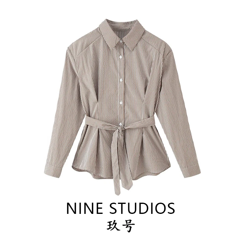 

NINE ZAR Women's Slim Fit Shirt with Belt Long Sleeve Plaid Collar Stand up Waist Cinching European Style Polyester Casual Top