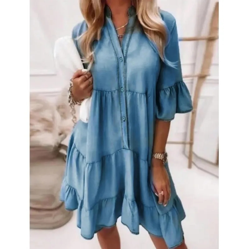 엘레강스 데일리 여성 드레스 2025 여름 솔리드 컬러 브이넥 미디 슬리브 A라인 패턴 스탠드 칼라 러플 셔츠 드레스（데님 아님）