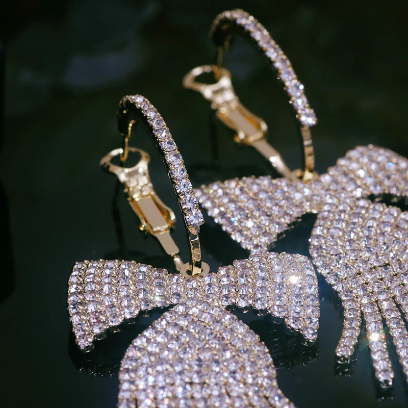 Korean Sweet Rhinestone Bowknot Drop Earrings for Women Fashion Temperament Long Tassel Earrings Jewelry Wedding Party Gifts