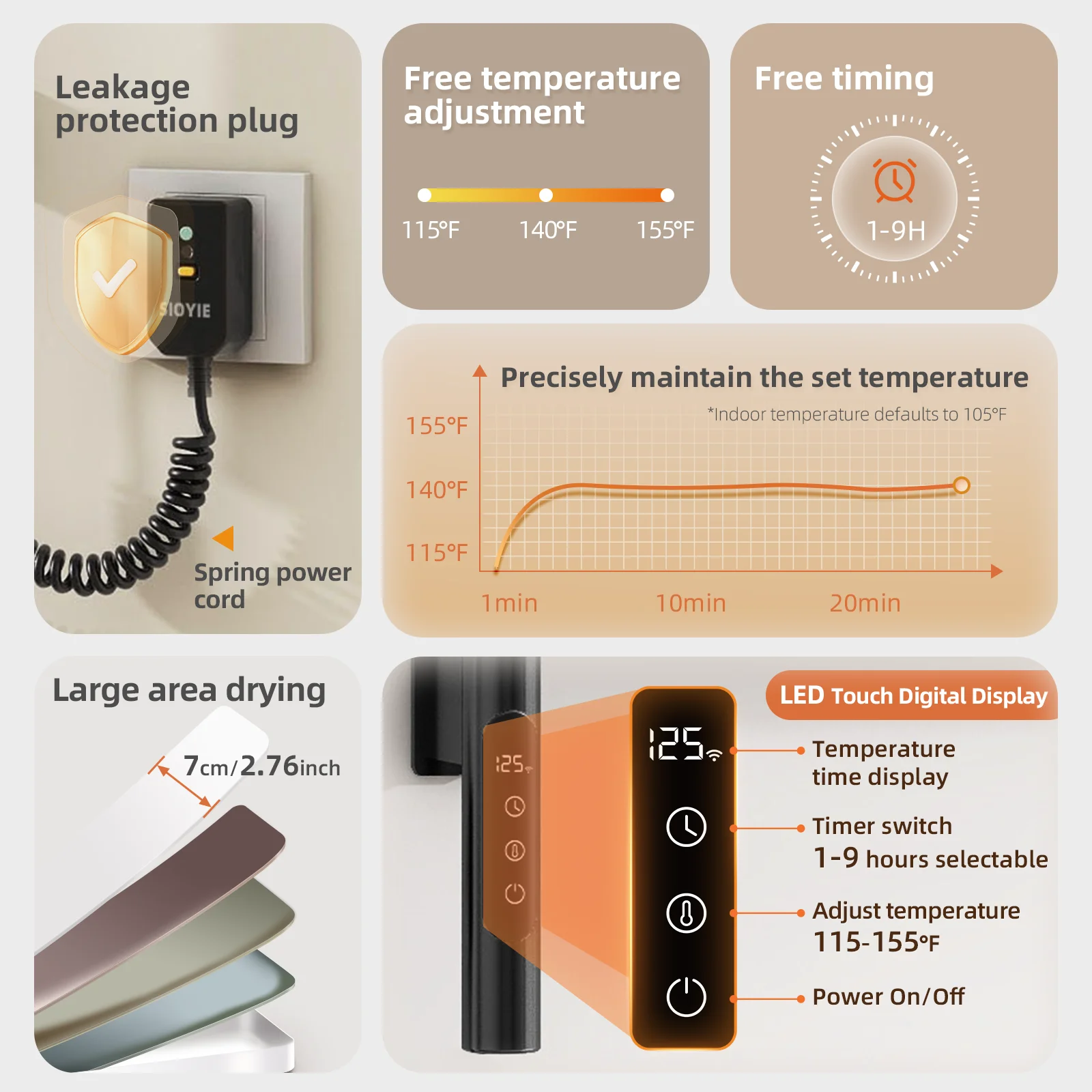 SIOYIE Rel Handuk Pemanas Elektrik Penghangat Handuk Putar dengan Rak Pengering Handuk Pemanas Plug-In/Kabel Kamar Mandi