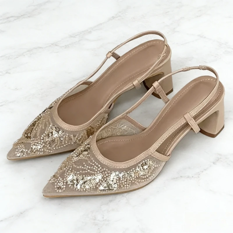 

Блестящие женские туфли-лодочки на массивном каблуке с сетчатыми вставками, сексуальные, с острым носком, без задника, элегантные дизайнерские босоножки на каблуке для банкетов