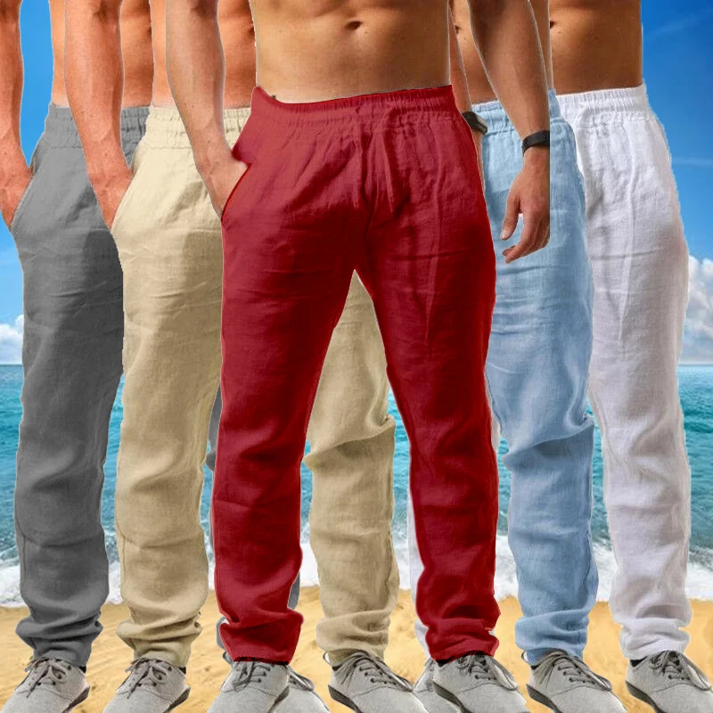 Pantalones de lino de algodón para hombre, ropa de calle de Fitness, Color sólido, Verano