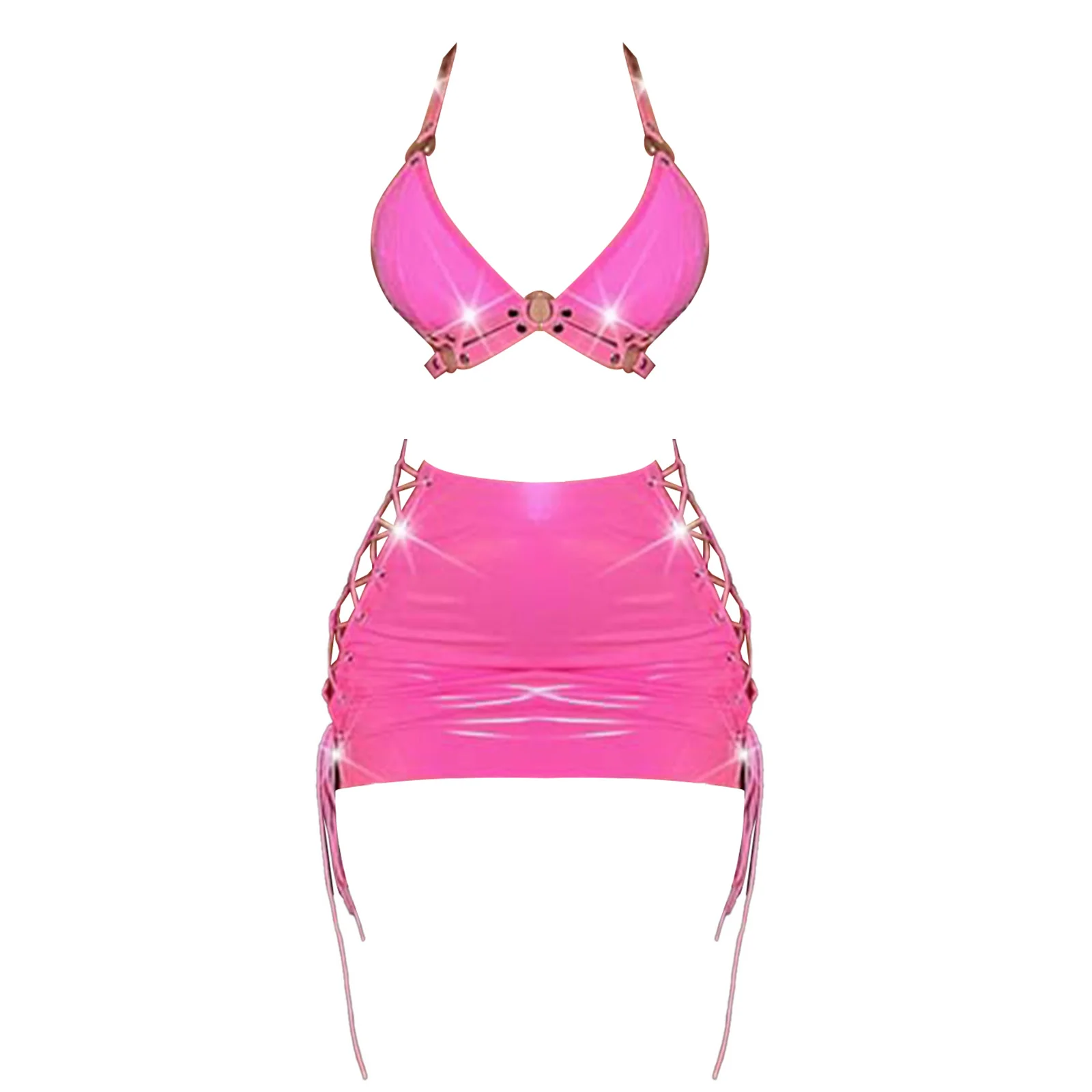 Trajes de charol de 2 piezas para mujer, sujetador sin espalda con cuello Halter, Tops cortos con faldas Bodycon, ropa de Club, vestidos de fiesta