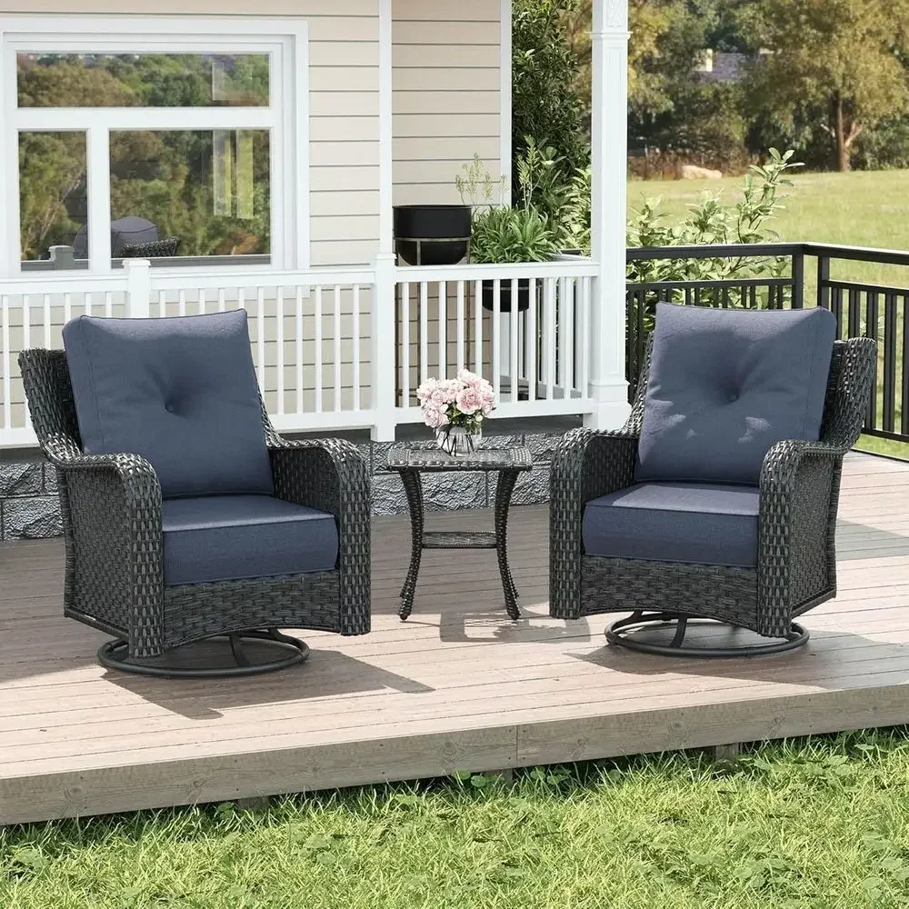 3-Piece Wicker Outdoor Furniture Set with Cushions, High-Back Swivel Rocking Chairs & Side Table