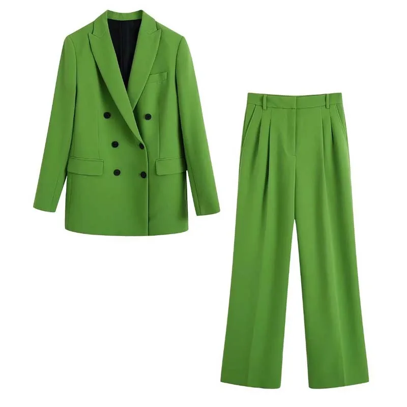 Blazer Set Two Piece Sets Womens Outifits Fashion Ladies Double Breasted Slim Skinny Green Suit Women's Coat Wide Leg Pants Suit