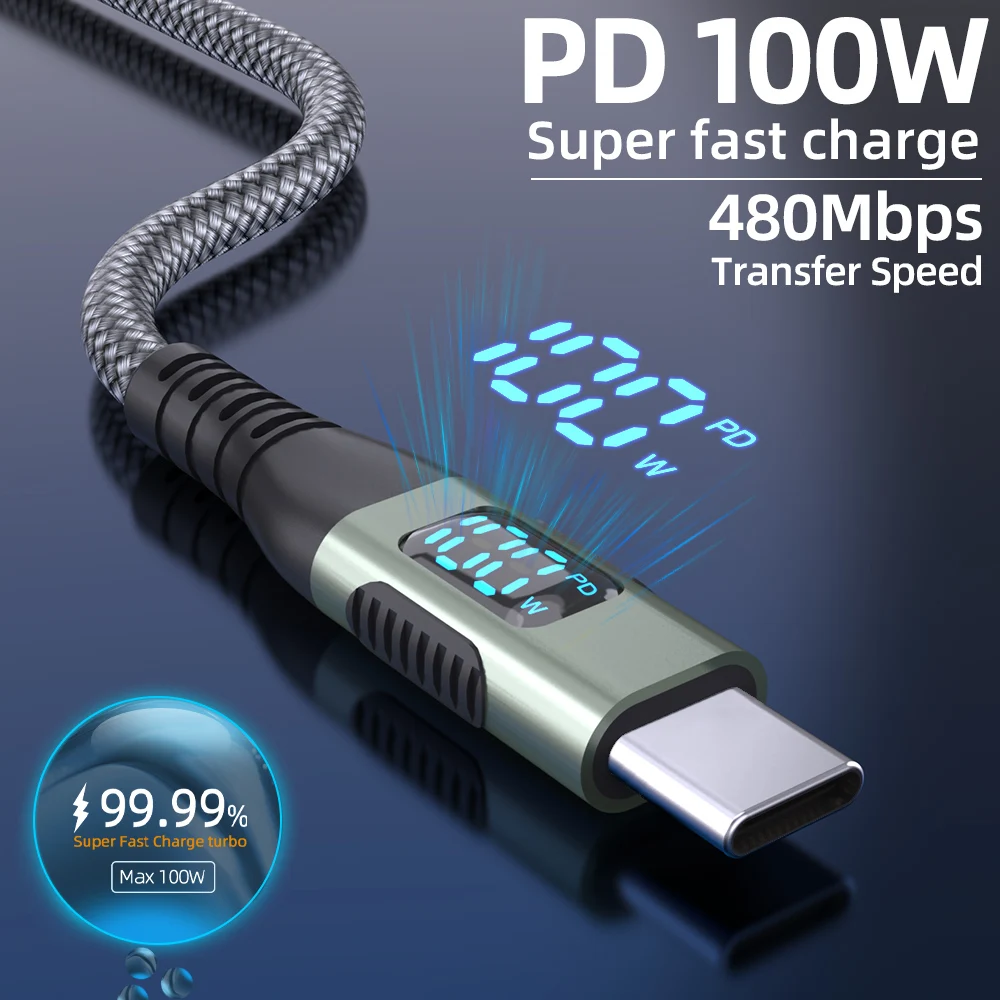 BCVS USB-C-auf-USB-C-Kabel, 100 W, mit digitaler Anzeige, für schnelles Laden, geflochtenes Nylonkabel, Typ-C-Datenkabel, PD 100 W, für iPhone und Samsung Galaxy. – Detail 7