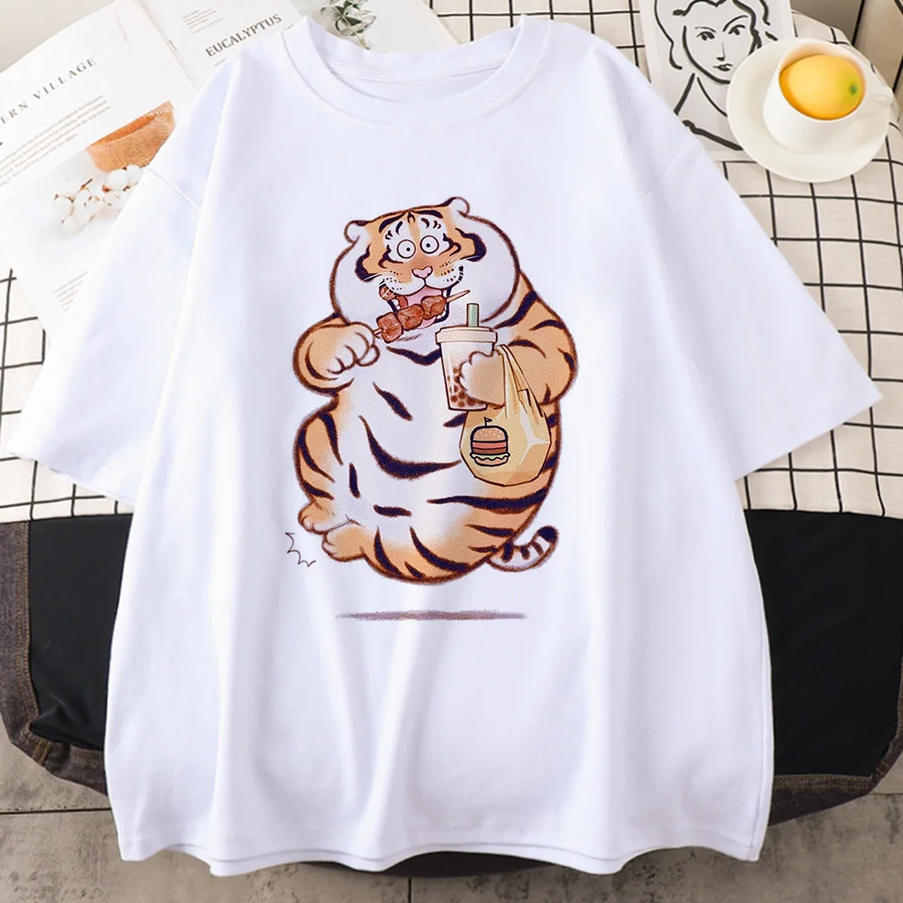 Harajuku Y2k Street Top Cute Cartoon Comic Fat Tiger Letter Print Women\'s T-shirts Japanese Casual Fashion T-shirt Trendy Female