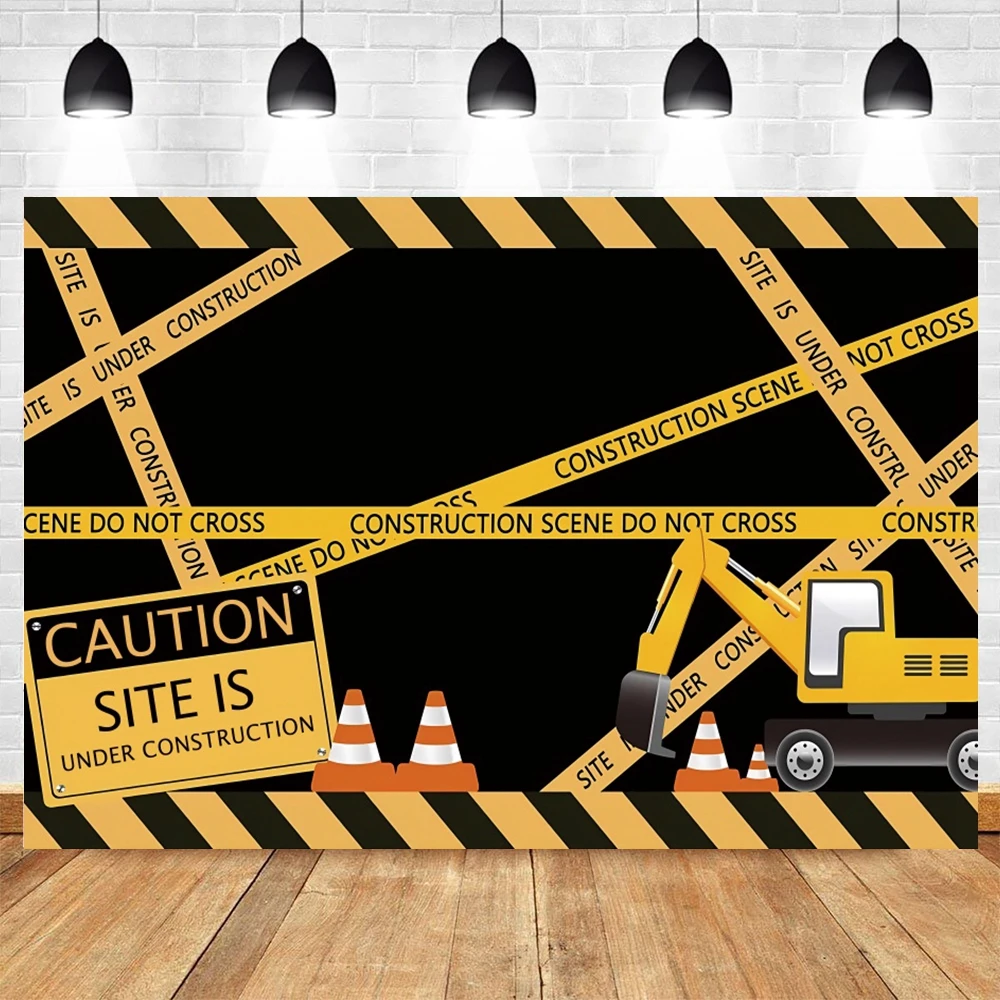 ฉากหลังของทีมก่อสร้างเครื่องขุดพื้นหลังภาพบุคคลสำหรับเด็กทารกของตกแต่งปาร์ตี้วันเกิดปรับแต่งการจราจรได้ตามต้องการ