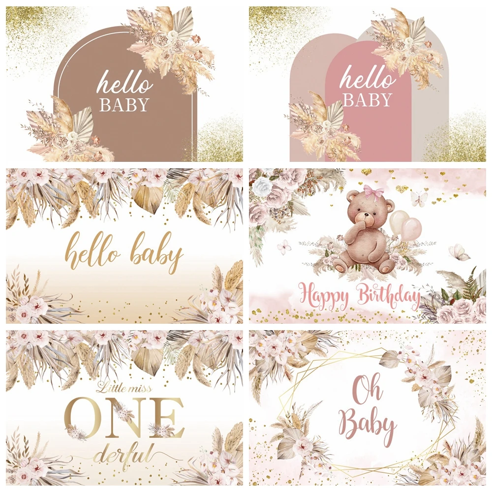 

Boho Theme Baby 1st Birthday Party Photography Backdrop Pink Pampas Grass Cake Smash Decoration Baby Shower Photo Background