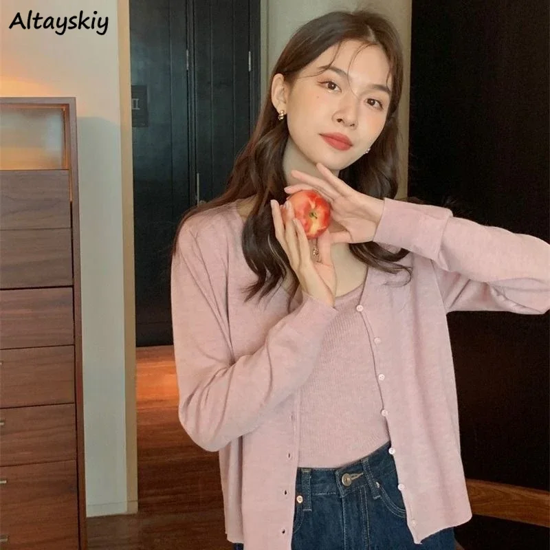 

Knitted Tops Two Piece Sets Women Tender Korean Style V-neck Cardigans Simple Basic Camisoles Autumn Chic Female 6 Colors Outfit
